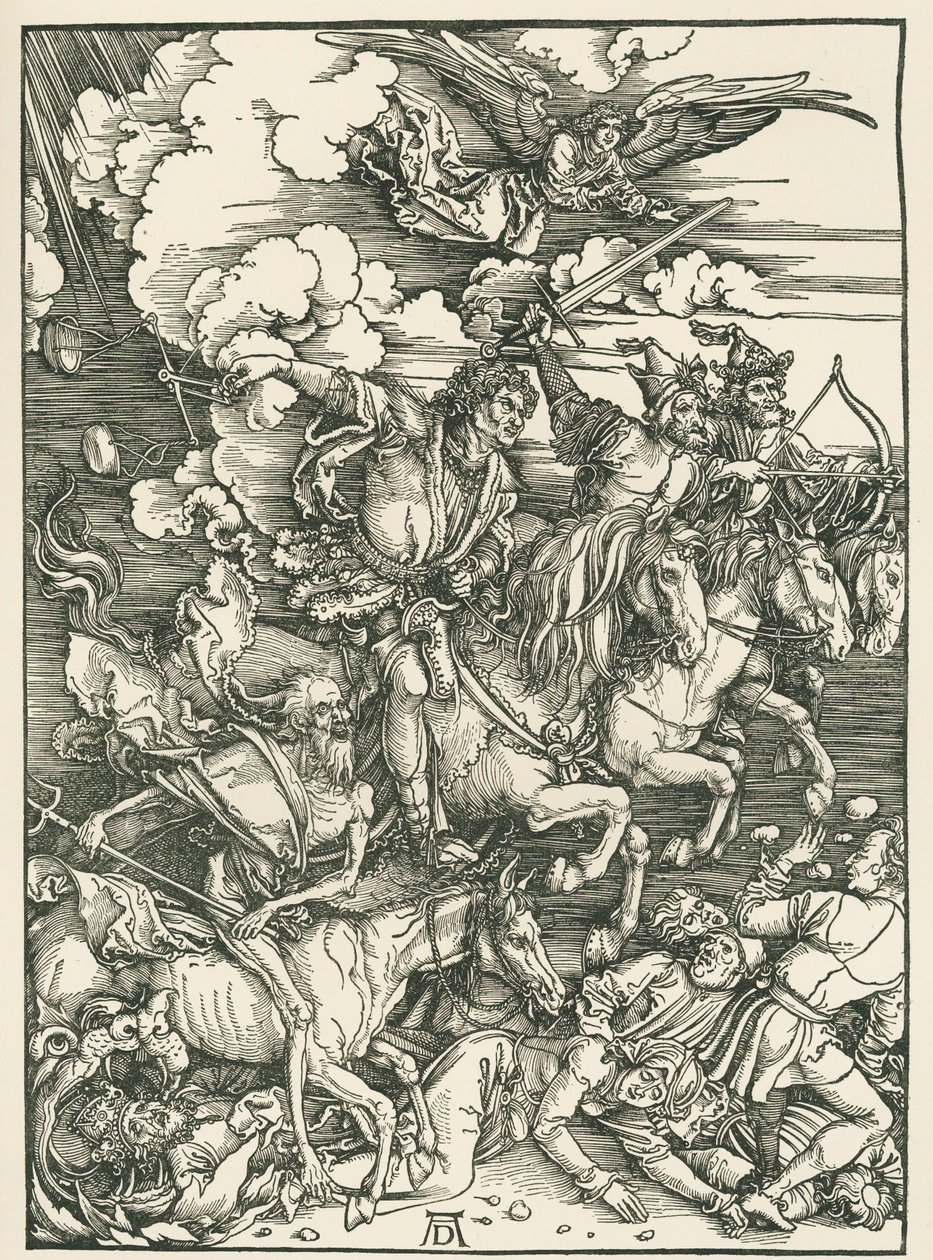 黙示録の四騎士。聖ヨハネの黙示録 1497-98年頃（木版画） 作： アルブレヒト・デューラーまたはデューラー