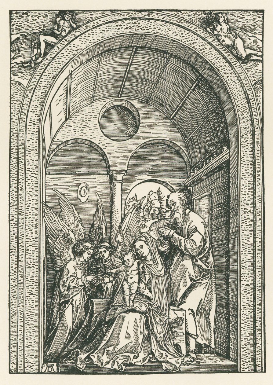 聖家族とポルティコの2人の天使、1503-04年頃（木版画） 作： アルブレヒト・デューラーまたはデューラー