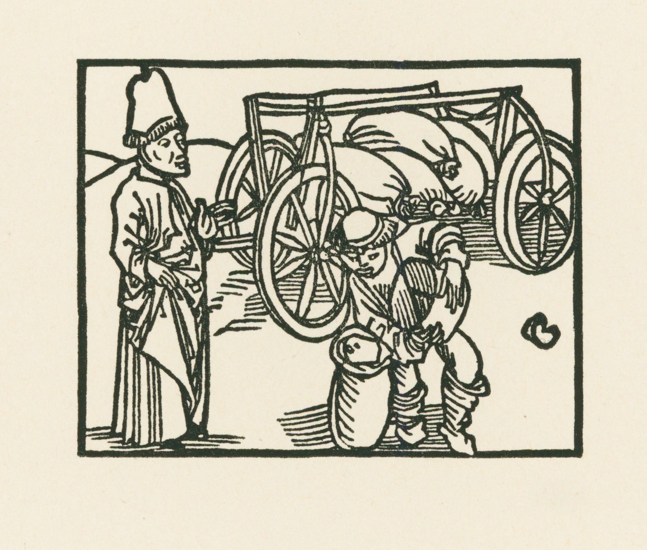 司祭が荷車に袋を載せ、麦を入れる様子（1489-90年頃）（木版画 作： アルブレヒト・デューラーまたはデューラー