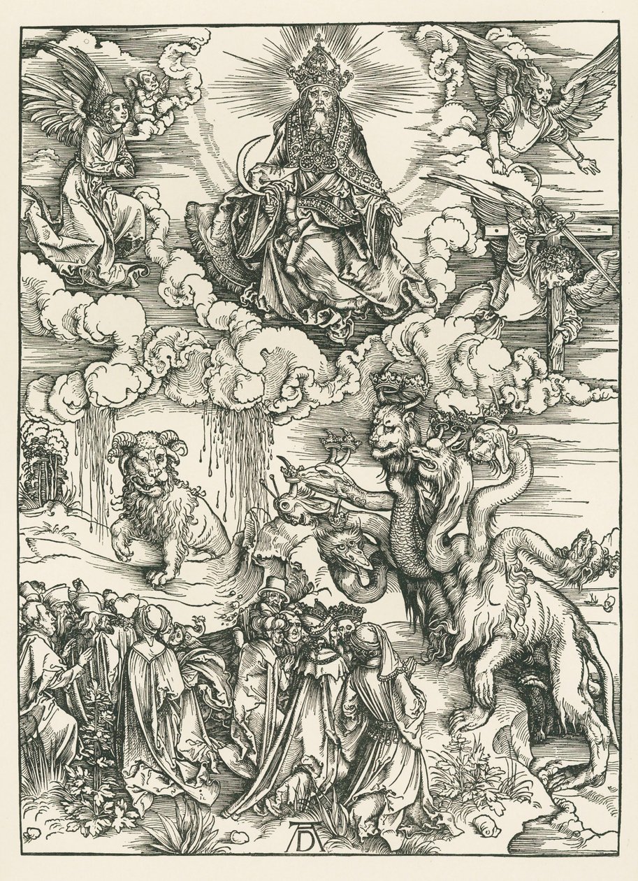 海の怪物と小羊の角を持つ獣。聖ヨハネの黙示録、1496-97年頃（木版画） 作： アルブレヒト・デューラーまたはデューラー