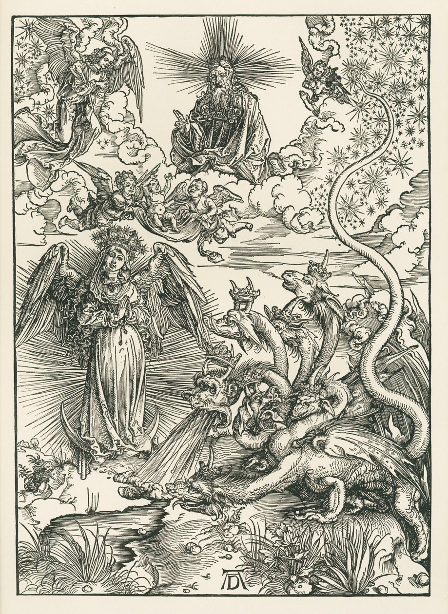 太陽をまとった女と七つの頭を持つ竜。聖ヨハネの黙示録 1497年頃（木版画） 作： アルブレヒト・デューラーまたはデューラー