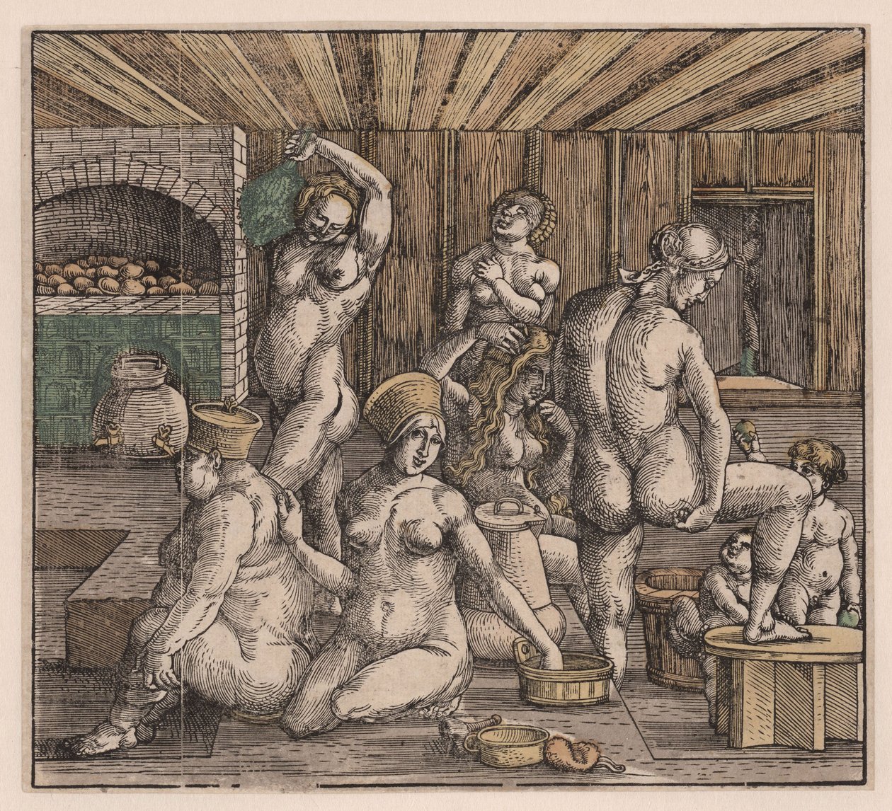 デュエラー、アルブレヒト（1471-1528）の「女風呂」。木版画、水彩画、1500年頃。寸法。21,8x23,9 cm。個人蔵 作： アルブレヒト・デューラー