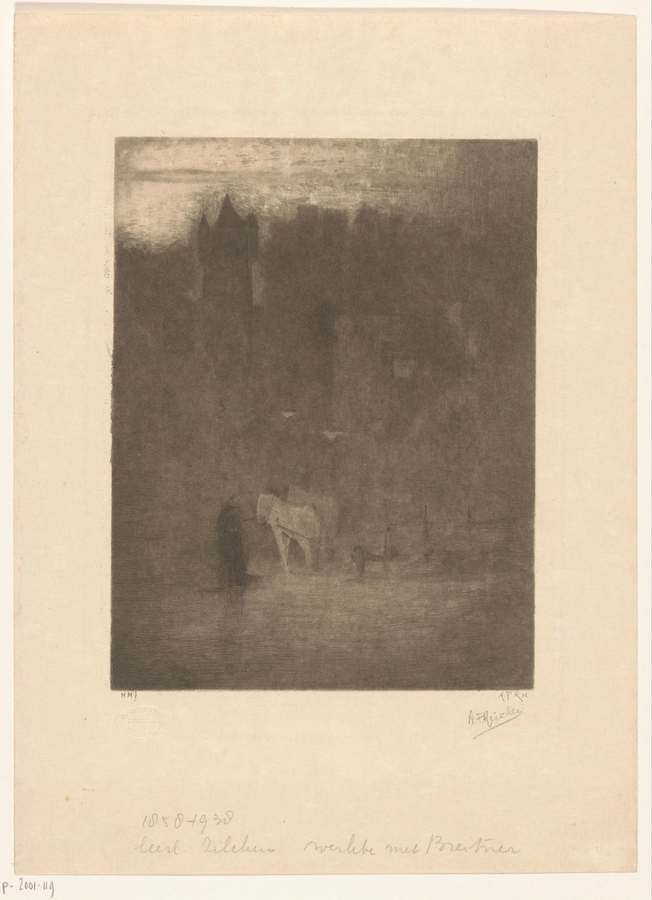 霧の中の城の人物と 2 頭の馬 作： Albrecht Felix Reicher（アーティストによる署名）