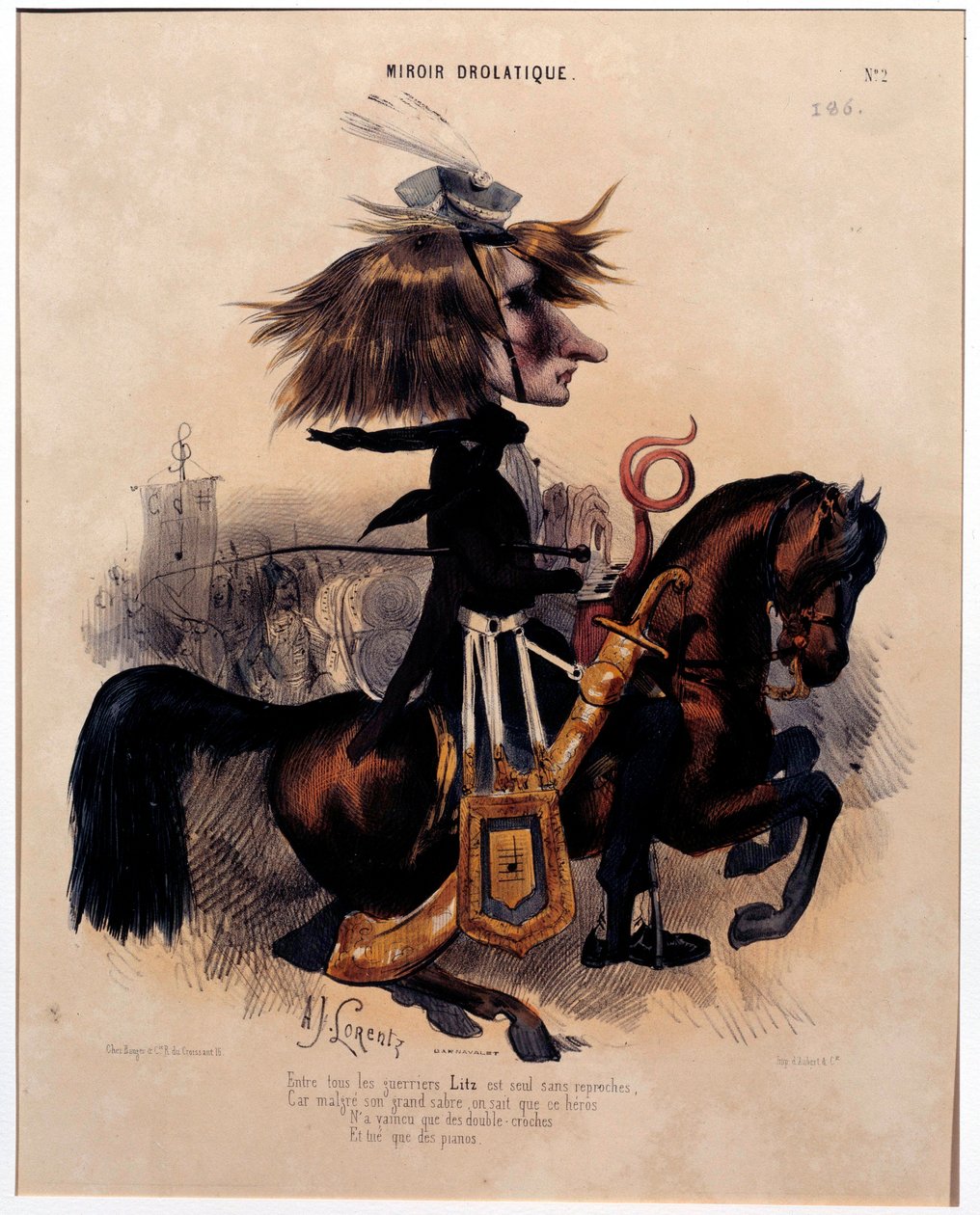 作曲家フランツ・リスト（1811-1886）を描いたアルシド・ジョセフ・ローレンツ（1813-1858）の漫画（1842年、パリ、カルナヴァレ美術館所蔵）。 作： アルシード・ジョセフ・ロレンツ