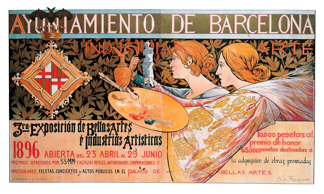 1896 年にバルセロナで開催された第 3 回「美術と芸術産業の博覧会」のポスター - アレクサンドル デ リケル イ イングラーダ (1856-1920) によるリトグラフ 作： アレハンドロ・デ・リケル
