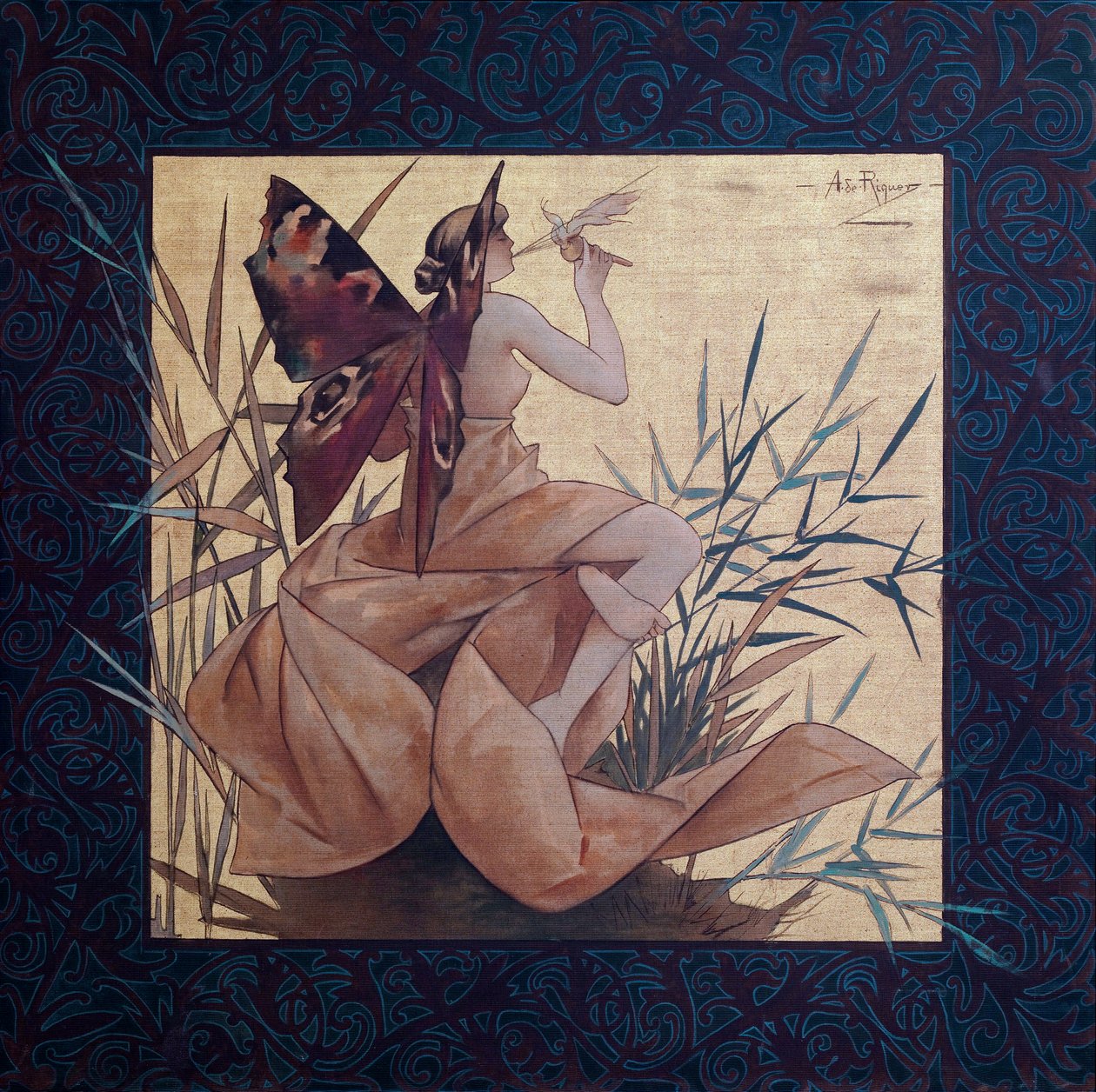 葦の間の翼のあるニンフとのコンポジション - Alexandre de Riquer i Ynglada (1856-1920) による絵画 作： アレハンドロ・デ・リケル
