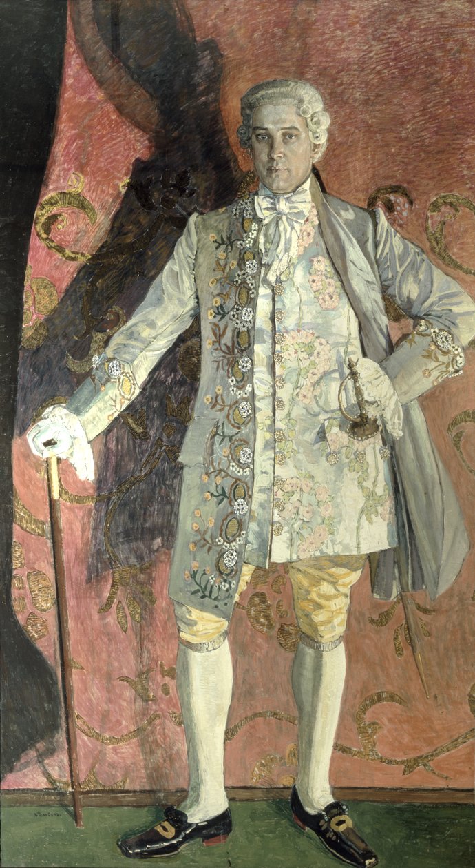 ジュールマセネ（1842-1912）のオペラ「マノン」、1909年（キャンバス上のテンペラ）のシュヴァリエデグリューとしてのドミトリースミルノフの肖像 作： アレクサンドル・ヤコブレビッチ・ゴロビン