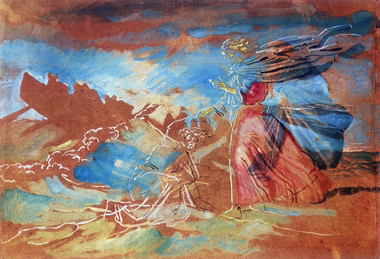 ロシア人作家の水彩画A　人物と楽器の絵 水の上を歩くキリスト」。 アレクサンダー・イワノフ (c1840-1875