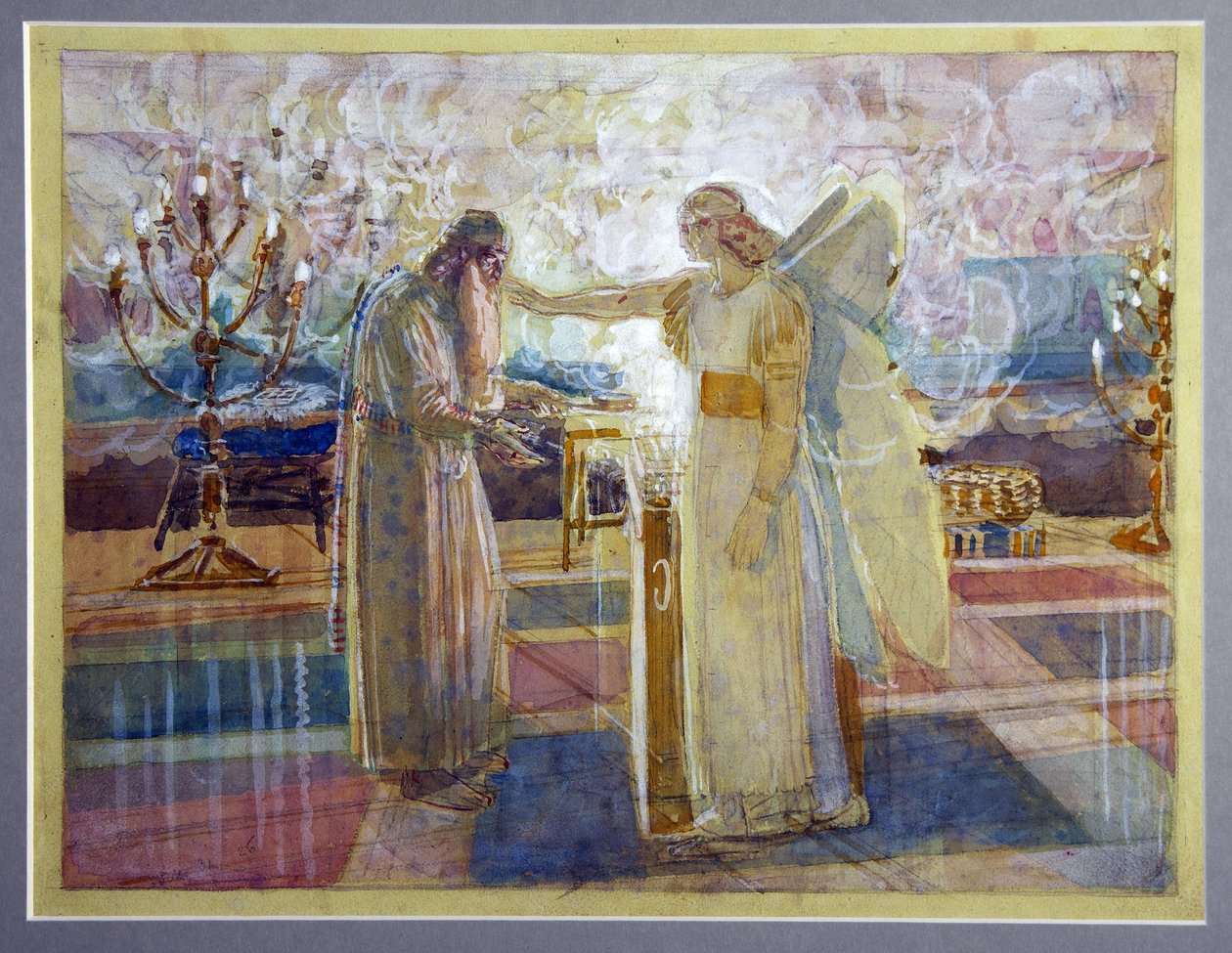 大天使ガブリエルがザカリアスの唖を打つ - Alexander Andreyevich Ivanov (1806-1858) 作、紙に水彩と白 (26.2x39.9 cm)、1840年後半 作： アレクサンドル・アンドレエヴィッチ・イワノフ