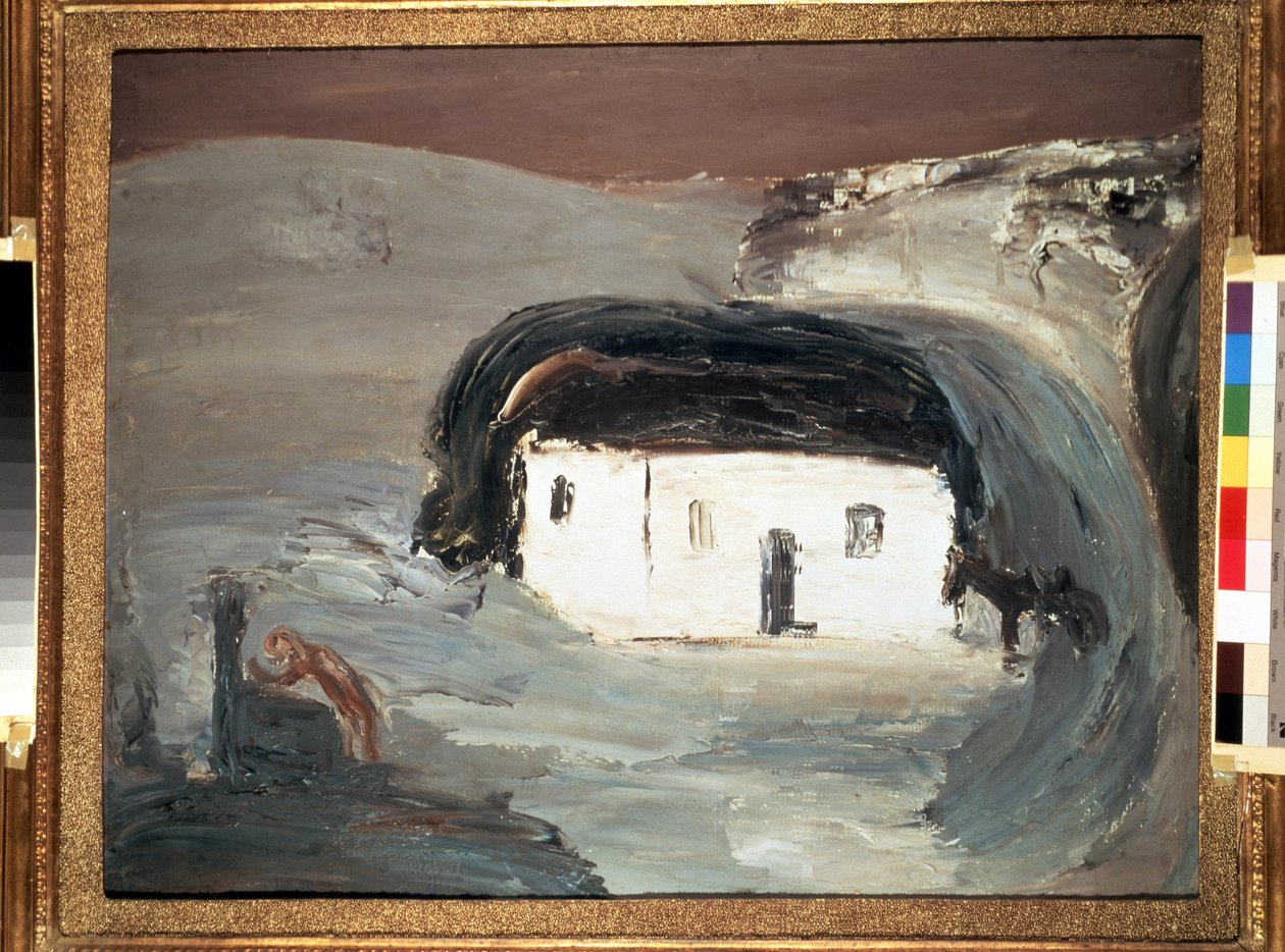 白い家のある風景。 Alexander Davidovich Drevin (1889-1938) による絵画。 キャンバスに油彩、74 x 92 cm 作： アレクサンドル・ダビドヴィッチ・ドレビン