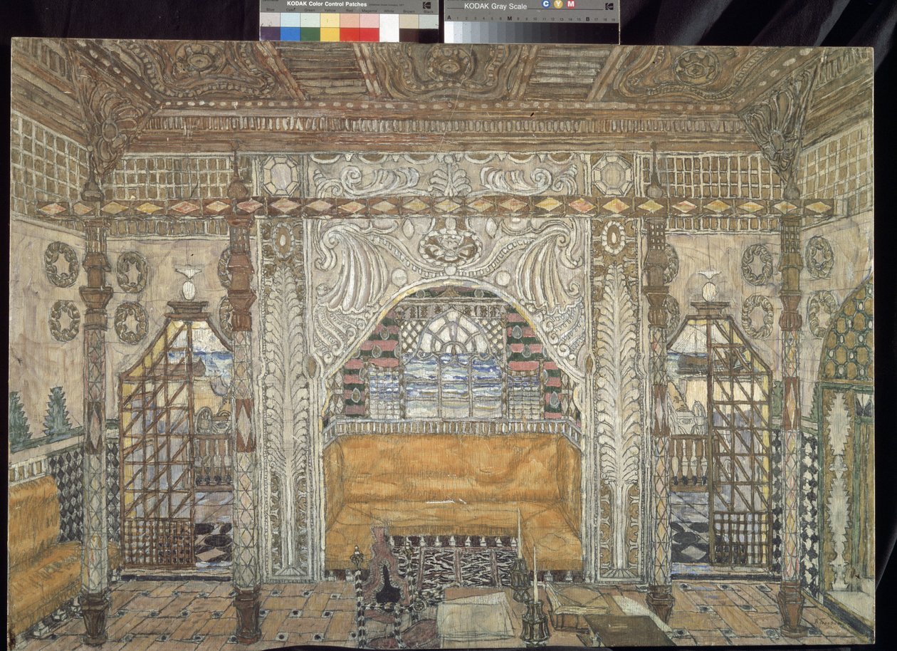 ウィリアム・シェイクスピア (1564-1616) の作品「オセロ」の装飾準備 (ウィリアム・シェイクスピアによる劇「オセロ」の舞台デザイン) - Peinture de Alexander Yakovlevich Golovin (Alexandre Golovine) (1863-1930)、tempera sur bois 作： アレクサンドル・ヤコブレビッチ・ゴロビン
