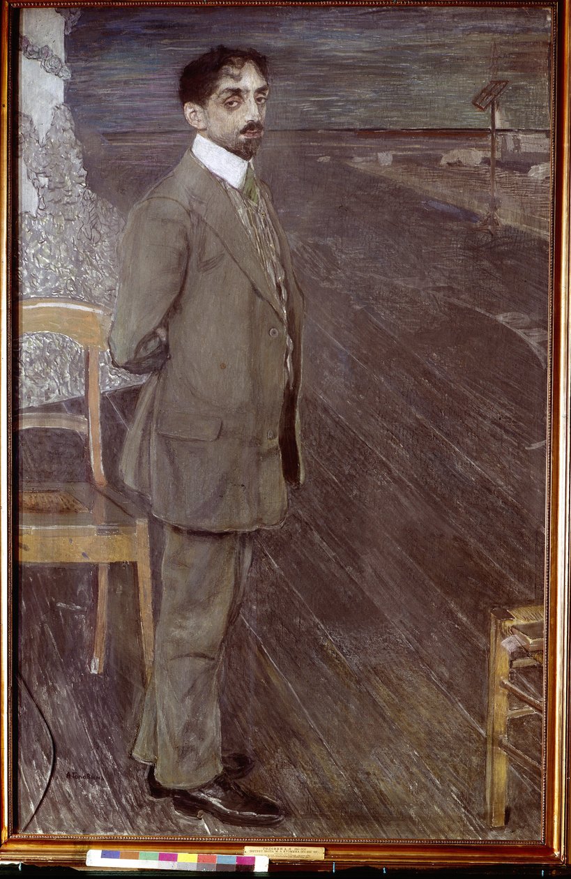詩人ミハイル・クズミン (1875-1936) の肖像 (詩人 M. クズミンの肖像)。 Alexander Yakovlevich Golovin（1863-1930）の作品、キャンバスにテンペラとパステル 作： アレクサンドル・ヤコブレビッチ・ゴロビン