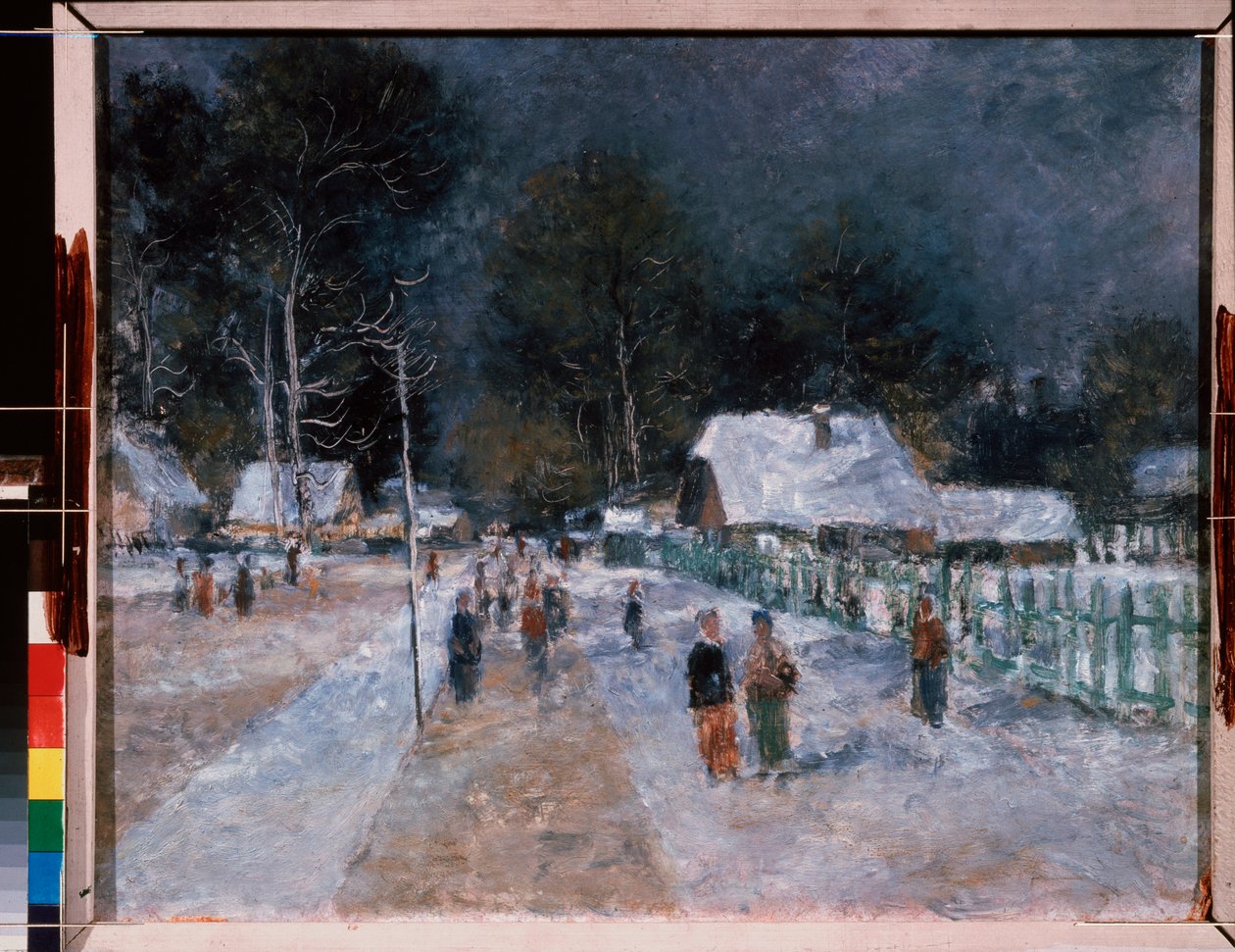 冬。 Alexander Vasilyevich Shevchenko (Alexander Shevchenko) (1883-1948) の作品、ボール紙に油彩 作： アレクサンドル・ヴァシリエヴィッチ・シェフチェンコ