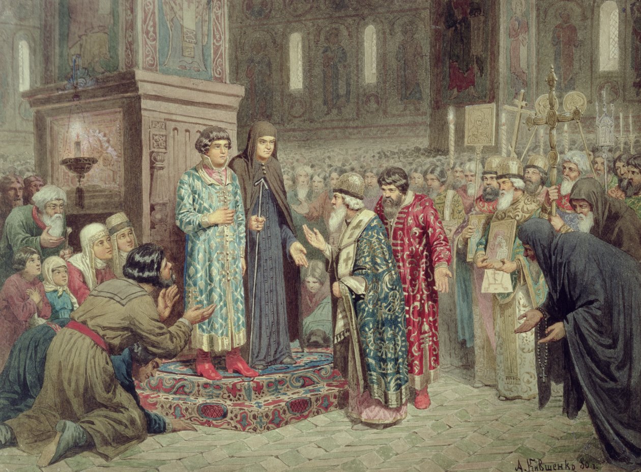 議会はマイケルF.ロマノフ（1596-1645）を統治に招集、1880年 作： アレクセイ・ダニロヴィッチ・キフシェンコ