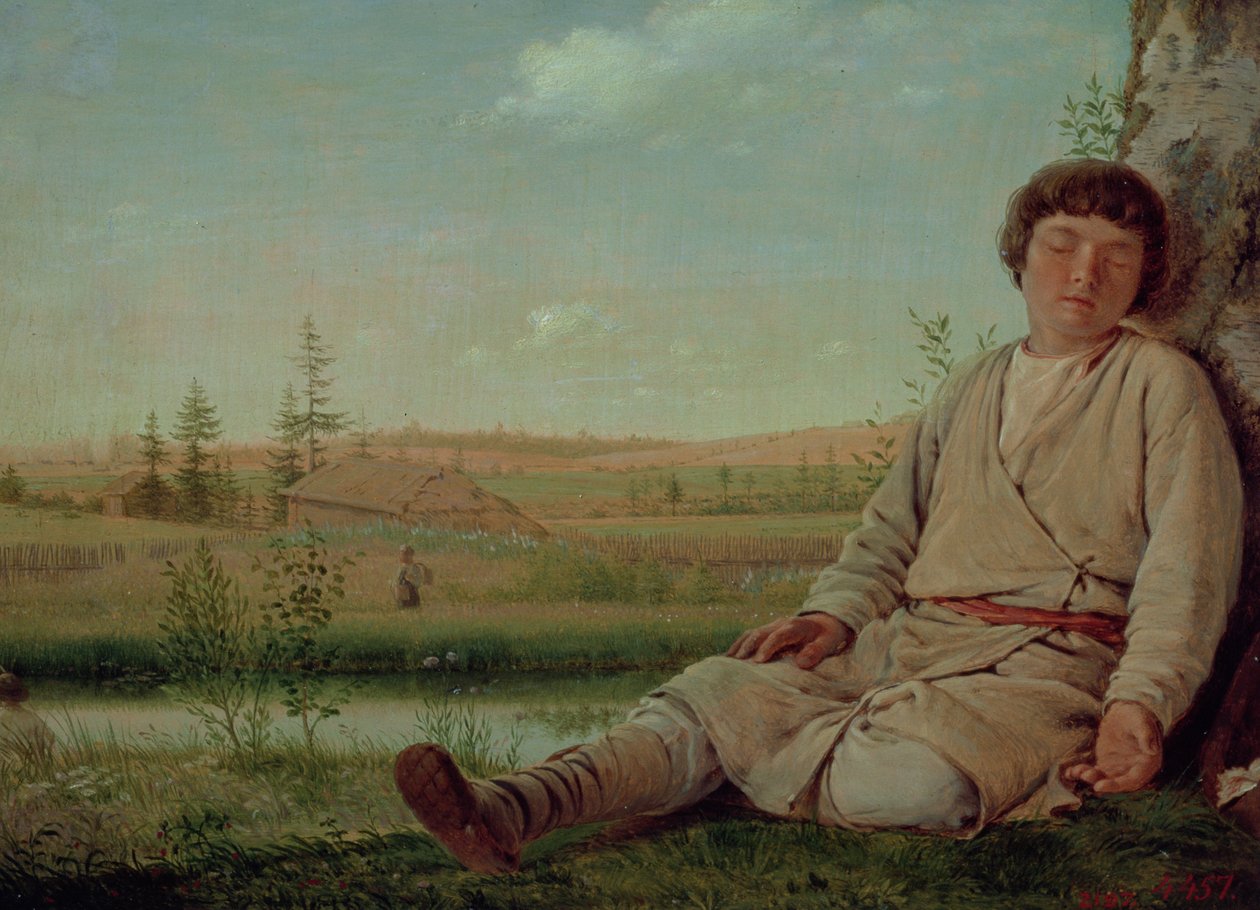 眠っている羊飼いの少年、1823-26（パネル） 作： アレクセイ・ガブリロヴィッチ・ヴェネツィアーノフ