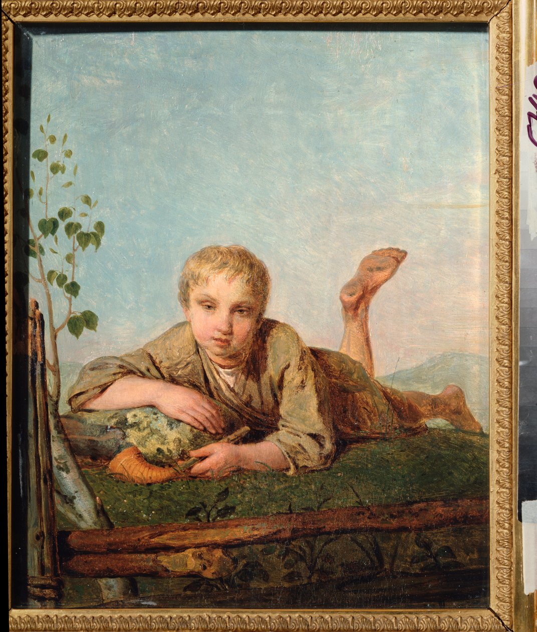 パイプを持つ羊飼いの少年 - Alexei Gavrilovich Venetsianov (1780-1847) による絵画、キャンバスに油彩、1820 年頃、ロシア美術 作： アレクセイ・ガブリロヴィッチ・ヴェネツィアーノフ