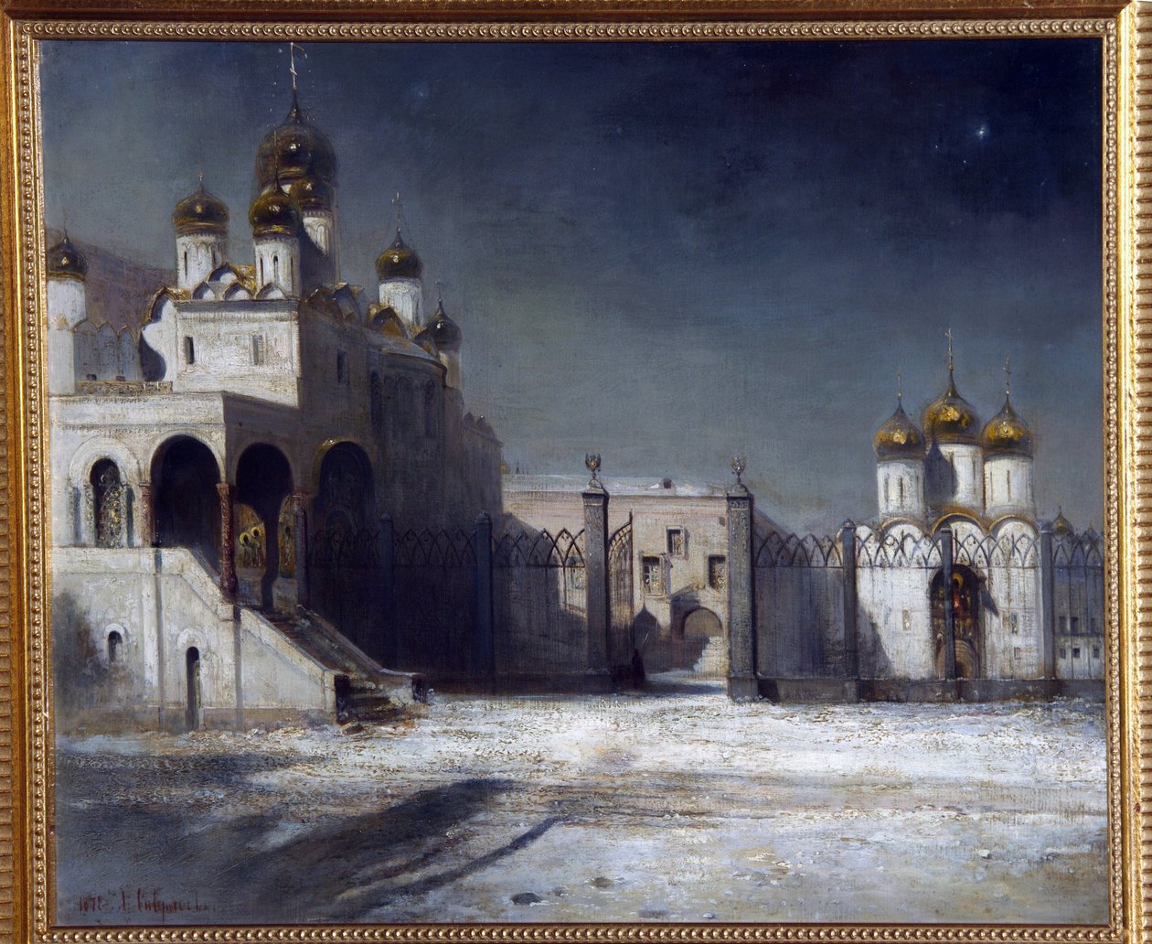 夜のモスクワ クレムリンの大聖堂広場。 (夜のモスクワ クレムリンの大聖堂広場)。 Alexei Kondratyevich Savrasov（Savrasov）（1830-1897）による絵画、キャンバスに油彩 作： アレクセイ・コンドラチェヴィチ・サブラソフ