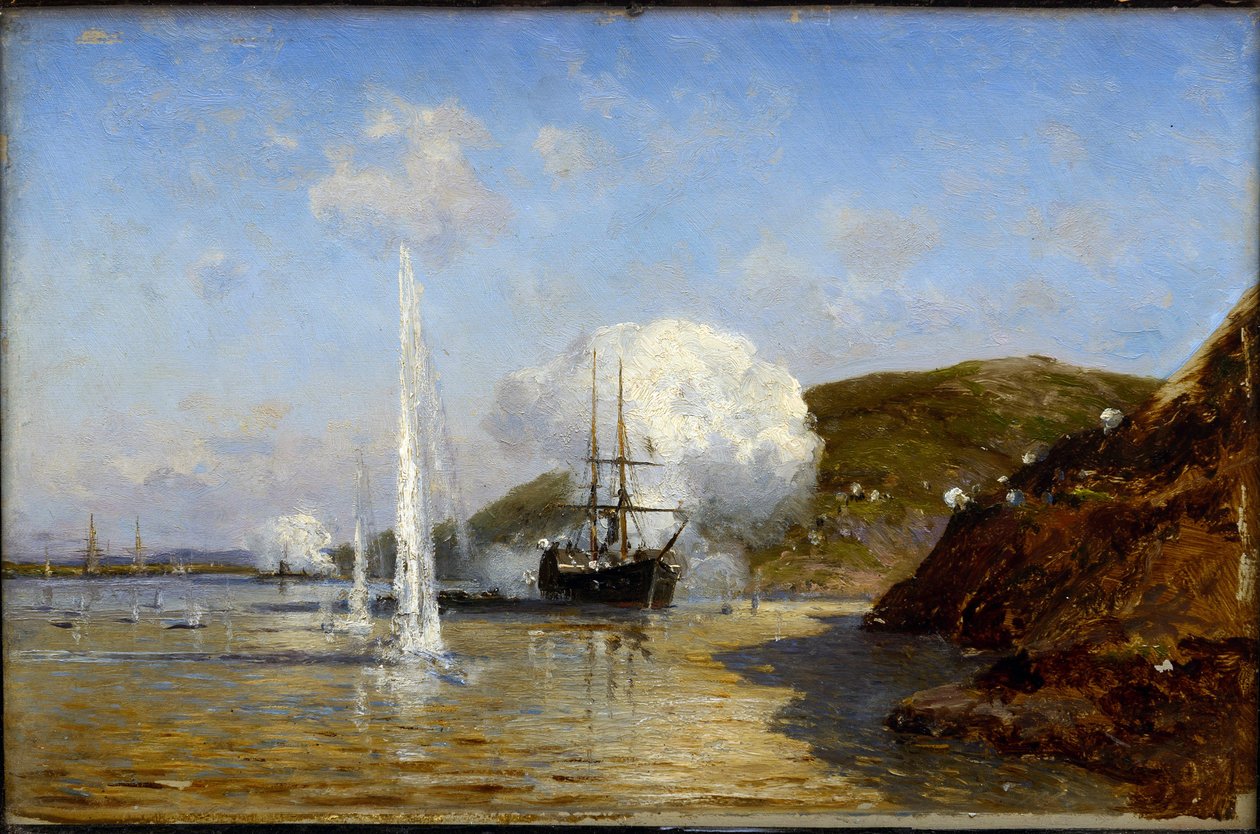 Guerre russo-turque de 1877-1878 - The Action of Nikolai Skrydlov (1844-1918) on the Danube par Alexei Petrovich Bogolyubov (Bogoliubov ou Bogolioubov) (1824-1896). 作： アレクセイ・ペトロヴィッチ・ボゴリュボフ