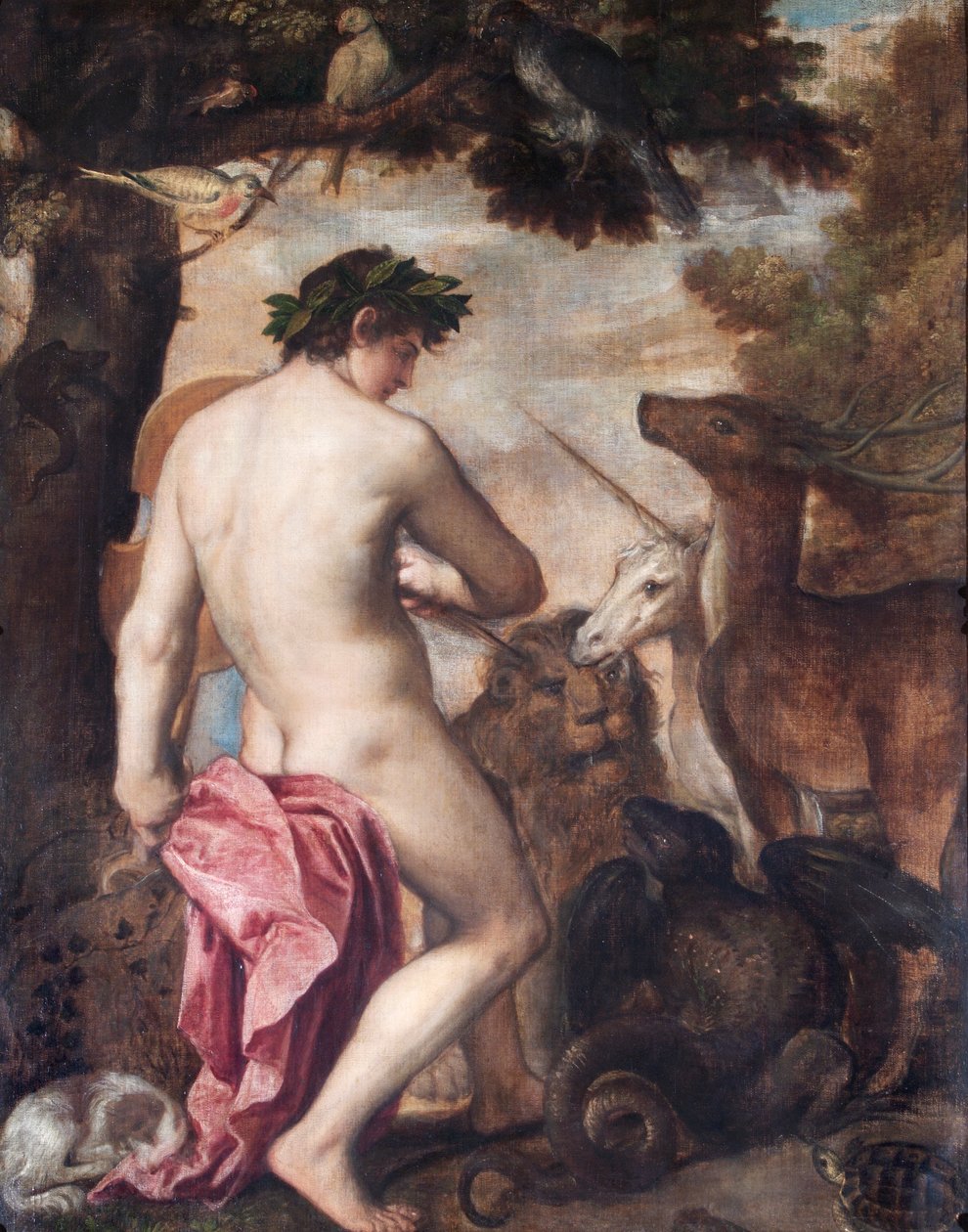 動物を魅了するオルフェウス（キャンバスに油彩） 作： Alessandro (1588–1649) (attr. to) Titian (workshop of) と Padovanino