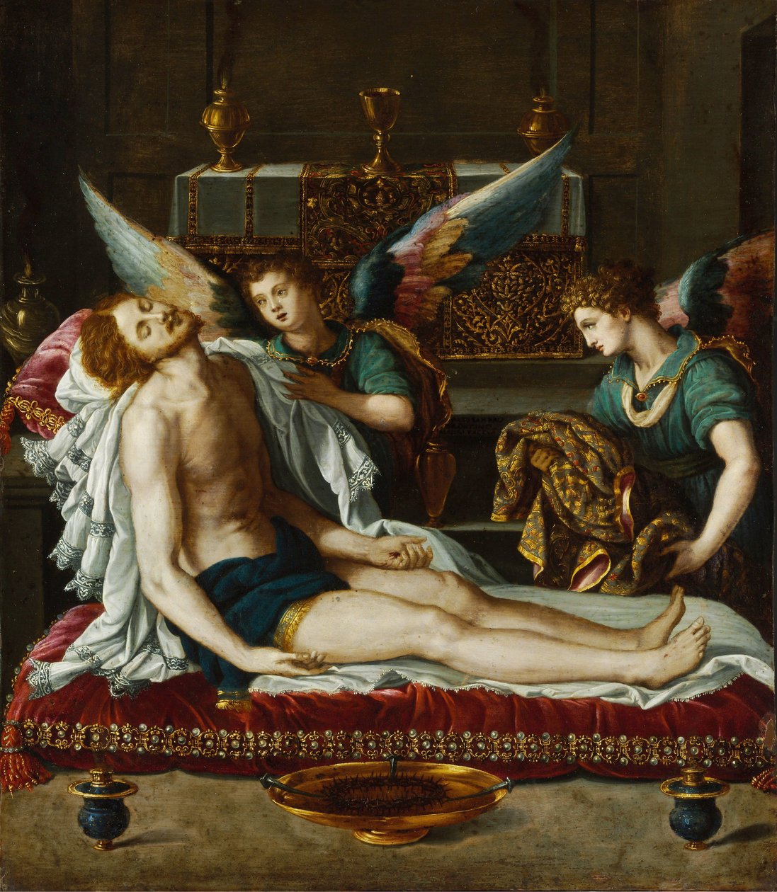 Le Corps du Christ oint par deux anges - 二人の天使によって油そそがれたキリストの体 - アローリ、アレッサンドロ (1535-1607) - 1593年頃 - 銅に油彩 - 45x39 - Szepmuveszeti Muzeum、ブダペスト 作： アレッサンドロ・アロリ