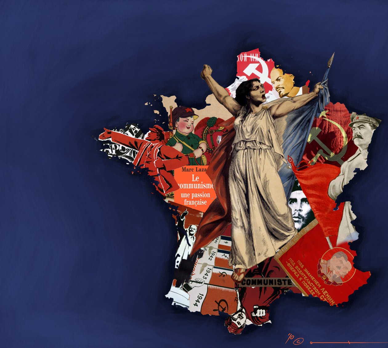 Uma mariana contra um fundo de colagem comunista. Alegoria do comunismo na França. 2010 Desenho colorido de Alessandro Lonati. 作： アレッサンドロ・ロナティ