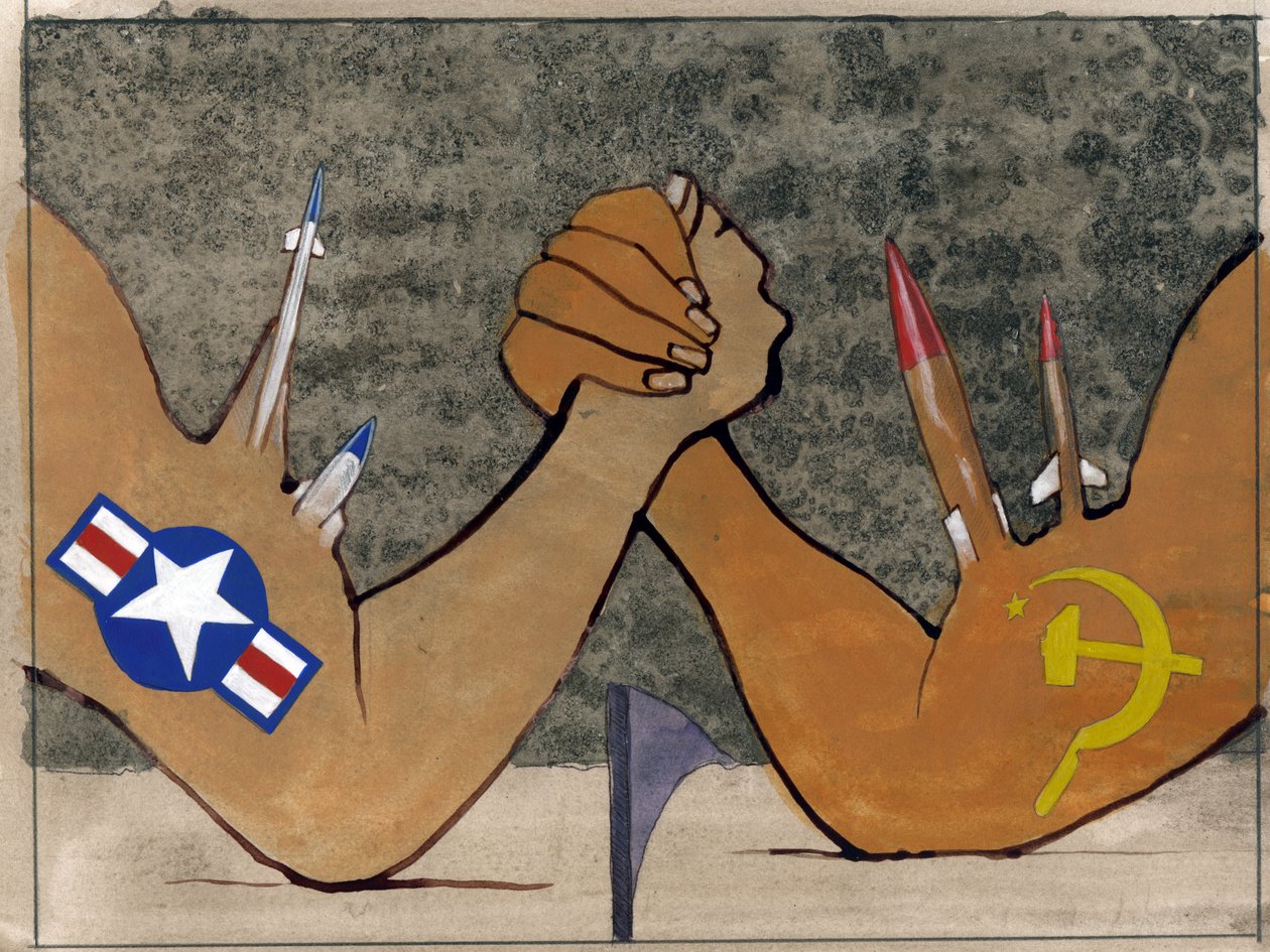 アメリカとソビエト連邦の軍隊の間の腕相撲としての冷戦の寓意的な表現 イラスト: アレッサンドロ・ロナティ 作： アレッサンドロ・ロナティ