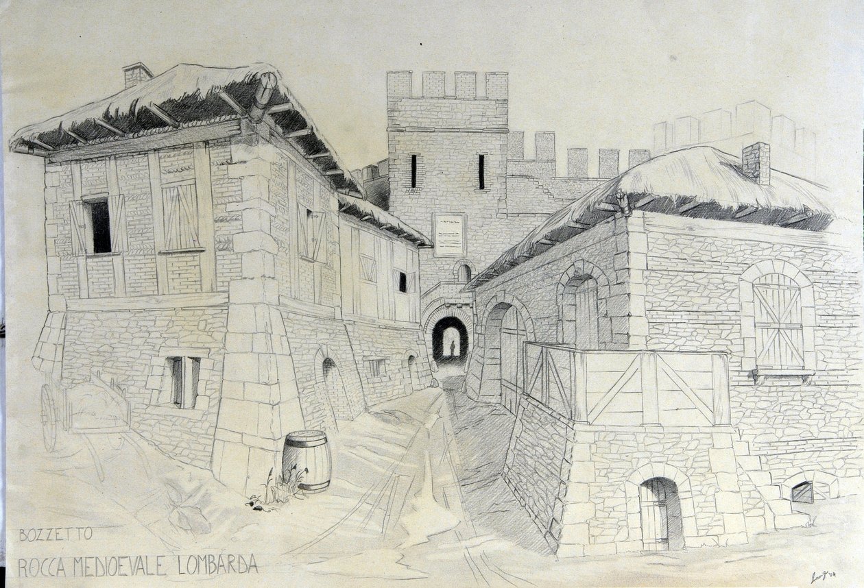 中世の建築: ロンバードの中世都市の城壁の眺め。 アレッサンドロ・ロナティによる鉛筆画。 作： アレッサンドロ・ロナティ