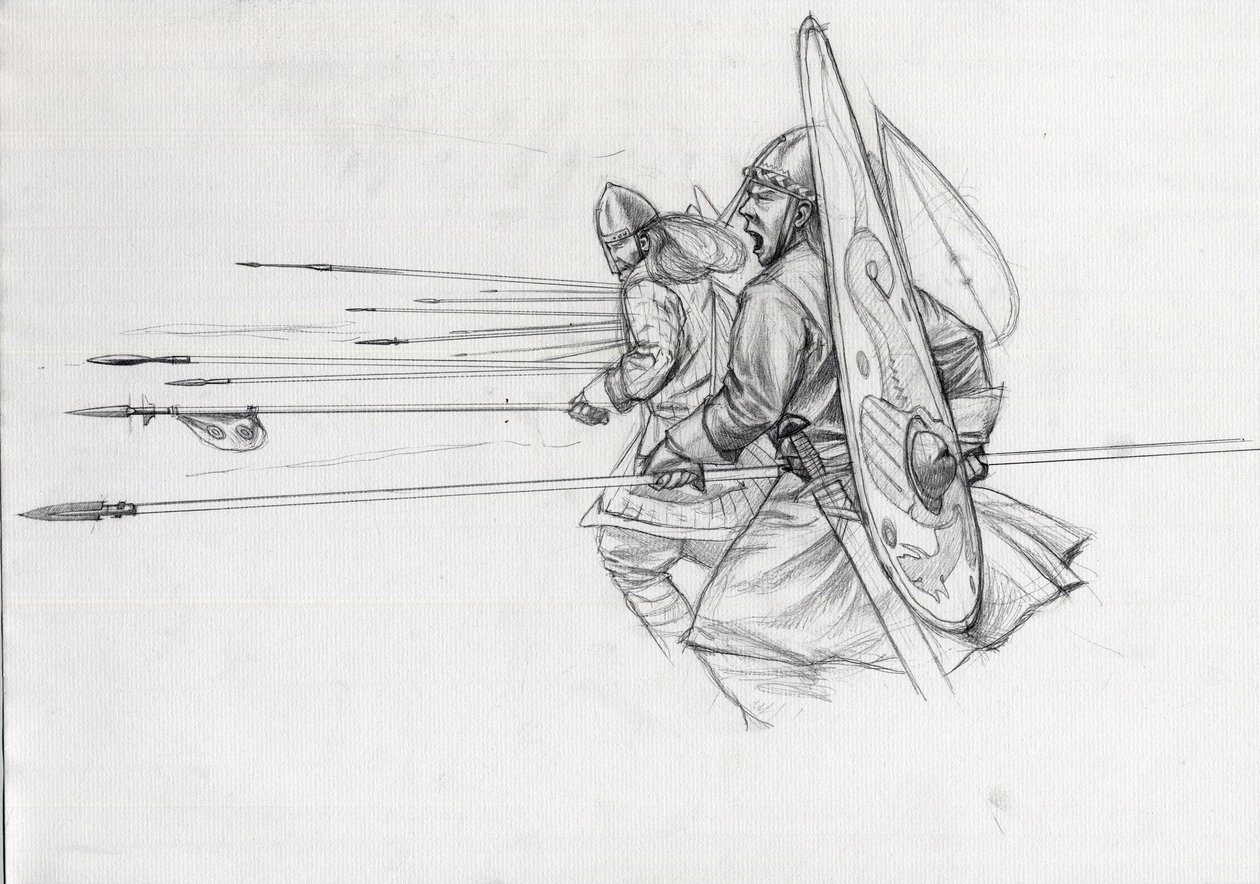 1066 年のヘイスティングズの戦いでの歩兵のノルマン戦士の突撃。アレッサンドロ ロナティによる描画。 作： アレッサンドロ・ロナティ