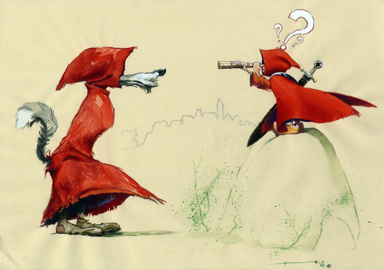 Fábula da Chapeuzinho Vermelho de Charles Perrault (1628-1703) revisitada: a Chapeuzinho Vermelho com uma espada observa com vistas longas (long views) de frente para o lobo disfarçado com um casaco vermelho. Desenho de Alessandro Lonati 作： アレッサンドロ・ロナティ
