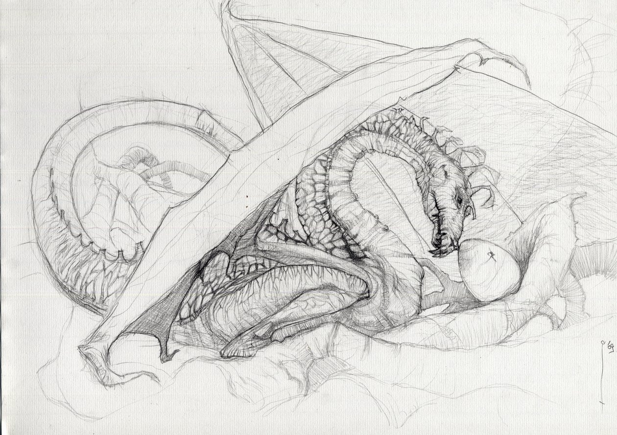 ファンタスティック クリーチャー: 卵を守るドラゴン。 アレッサンドロ・ロナティによる鉛筆画 作： アレッサンドロ・ロナティ