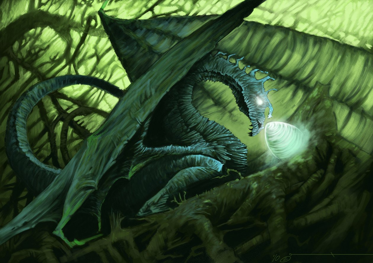 Criatura fantástica: um dragão protegendo seu ovo. Ilustração de Alesandro Lonati. 2010 作： アレッサンドロ・ロナティ