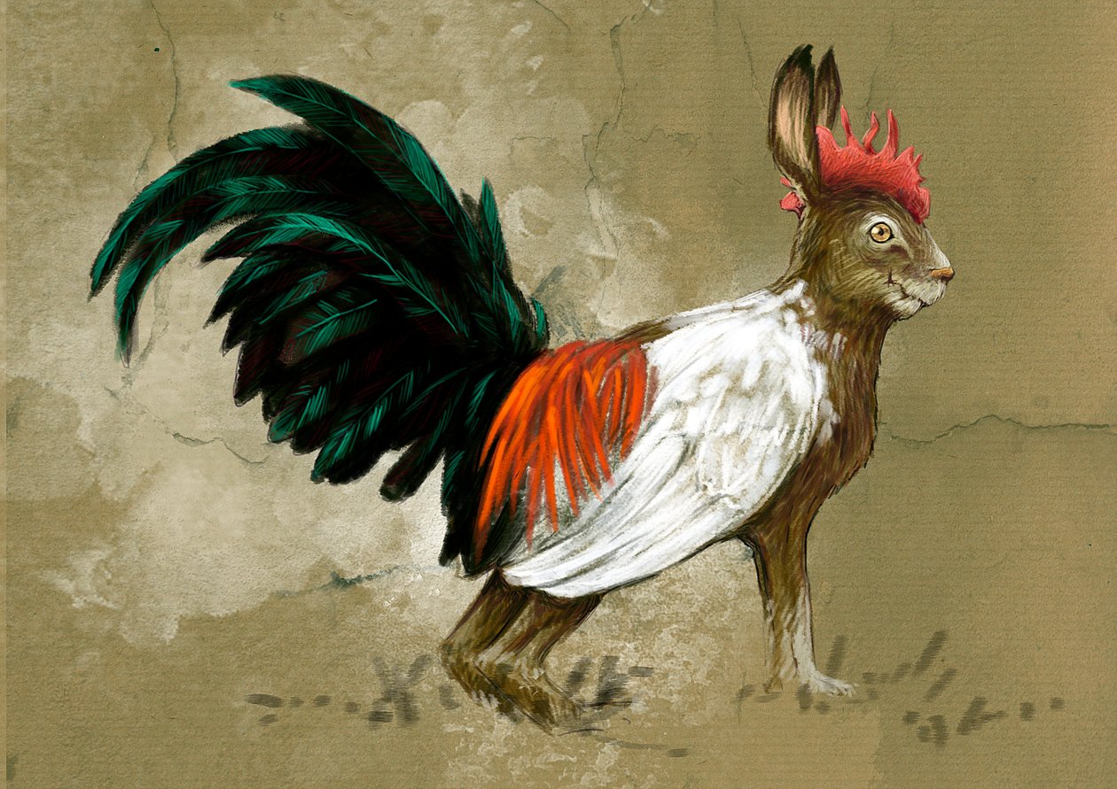 Monstros e criaturas fantásticas, criptozoologia: representação de um Skvader, criatura imaginária da Suécia, a meio caminho entre uma lebre e um grande galo de urze, foi criado em 1918 pelo taxidermista Rudolf Granberg - Desenho de Alessandro Lonati, 2012 作： アレッサンドロ・ロナティ
