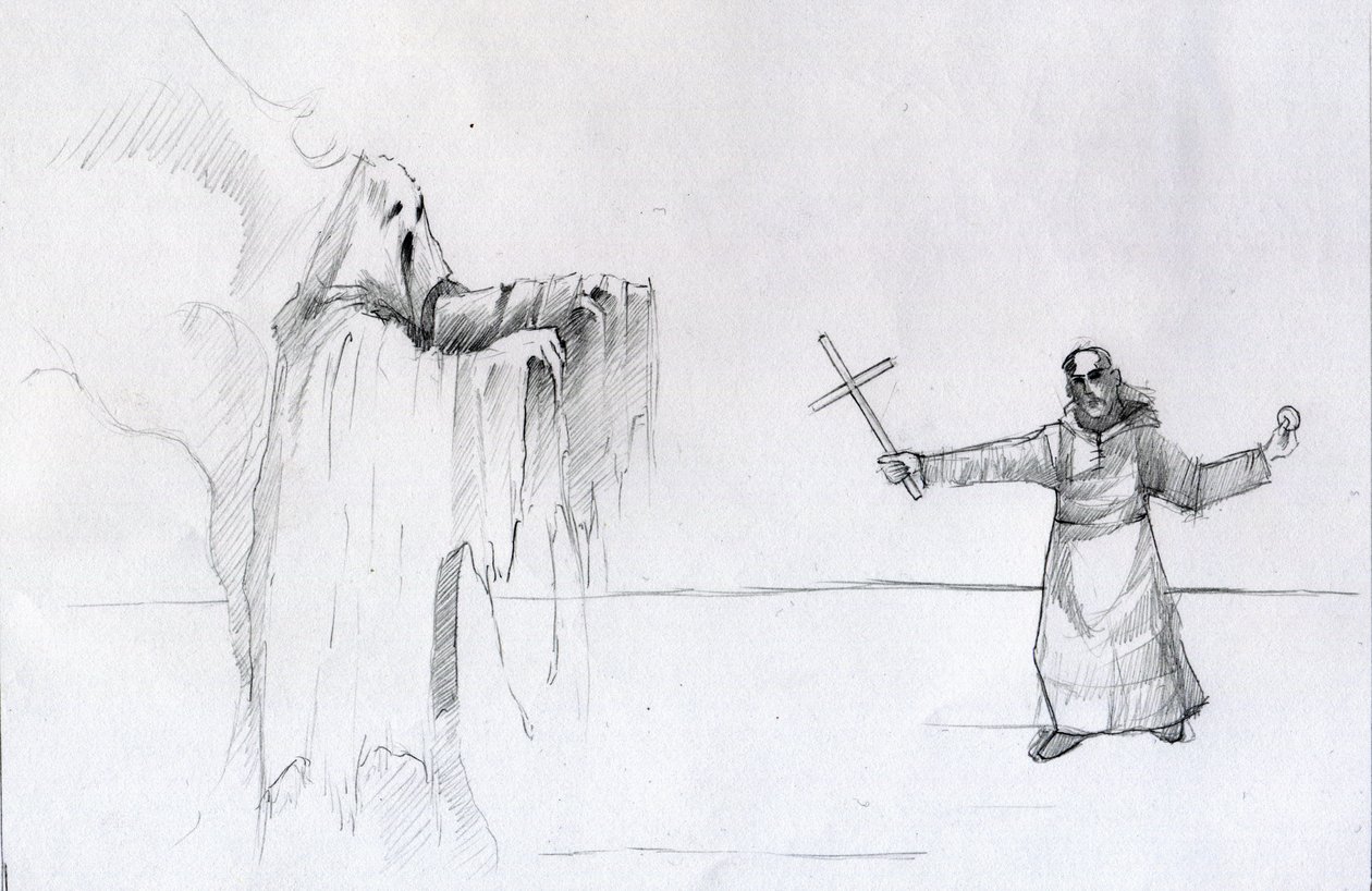 Fight between a monk holding a crucifix and a ghost Illustration by Alessandro Lonati   1458846   ja       japanese Successfully Translated  Original: Landscape with Cattle Translat: Landscape with Cattle 1433582 ja japanese Successfully Translated Origina 作： アレッサンドロ・ロナティ
