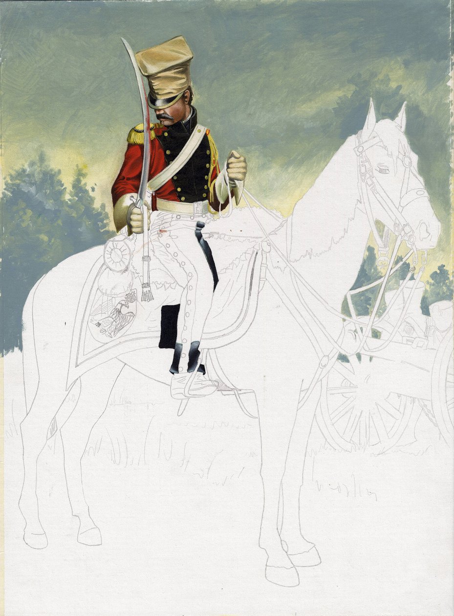 ファーストエンパイア (1804-1814 および 1815): フランスの偉大なナポレオン軍の軽騎兵の兵士。 アレッサンドロ・ロナティによる未完成のドローイング。 作： アレッサンドロ・ロナティ