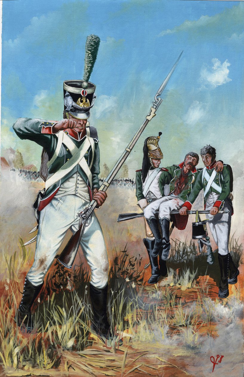 Primeiro Império (1804-1814 e 1815): soldados do grande exército napoleônico na Itália para ajudar um camarada ferido. Desenho de Alessandro Lonati 作： アレッサンドロ・ロナティ