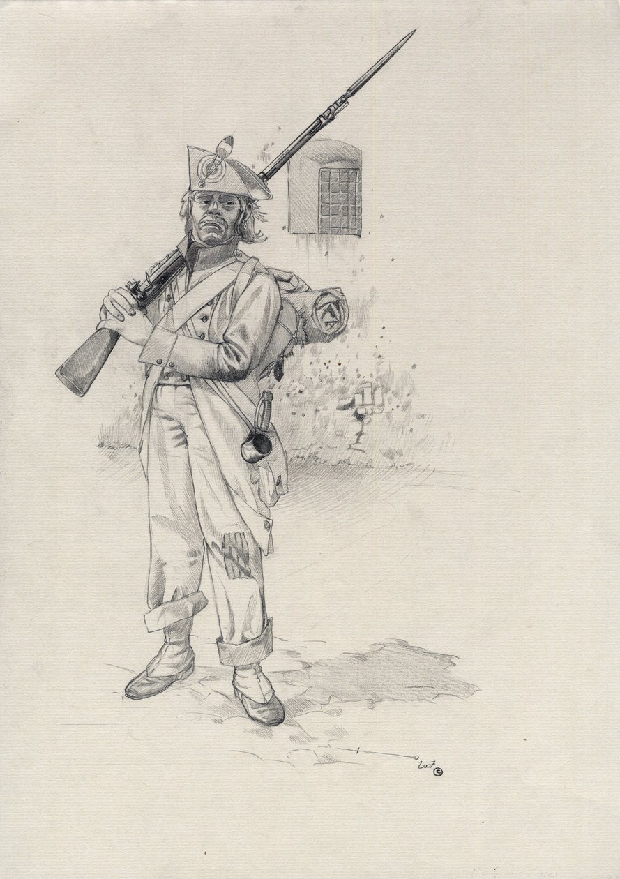 最初の帝国 (1804-1814 または 1815): ナポレオン軍の兵士、砦のライダー旅団の歩兵兵士。 アレッサンドロ・ロナティの絵 作： アレッサンドロ・ロナティ