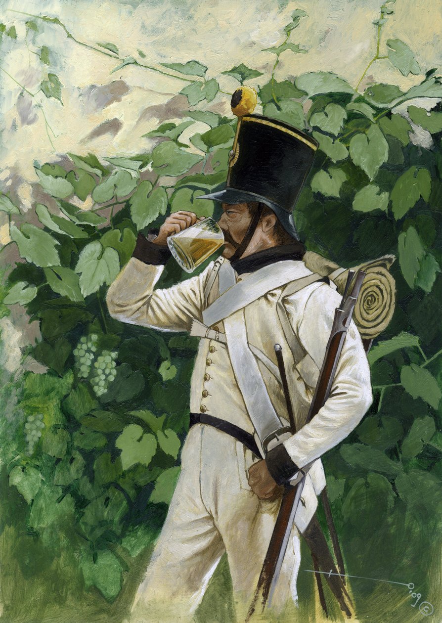 最初の帝国: ビール ジョッキを飲んでいるオーストリアの戦列歩兵将校。 アレッサンドロ・ロナティの絵 作： アレッサンドロ・ロナティ