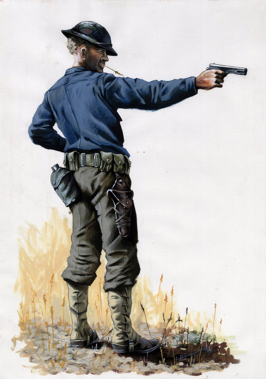 第一次世界大戦 1914-1918: 1917 年に西部戦線でピストルを持ったアメリカ陸軍の歩兵。 アレッサンドロ・ロナティの絵 作： アレッサンドロ・ロナティ