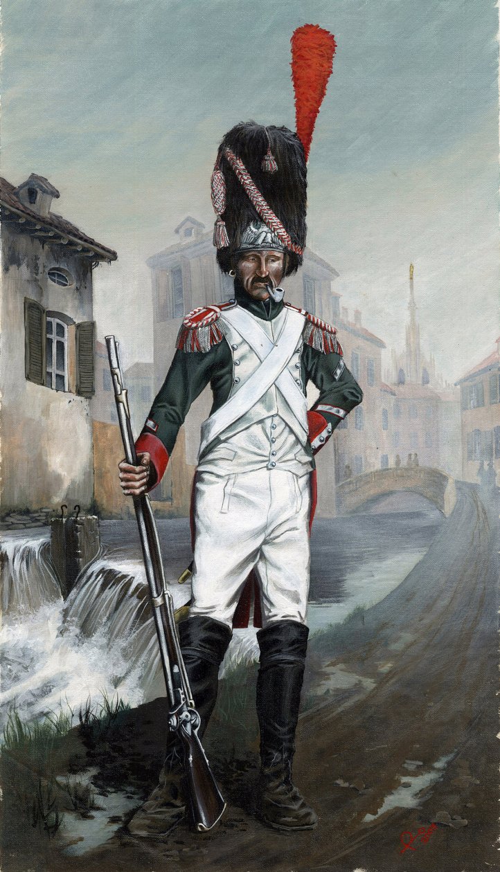 Primeiro império (1804-1814 e 1815): soldados granadeiros italianos perto do canal de Milão com a catedral ao fundo. Desenho de Alessandro Lonati 作： アレッサンドロ・ロナティ