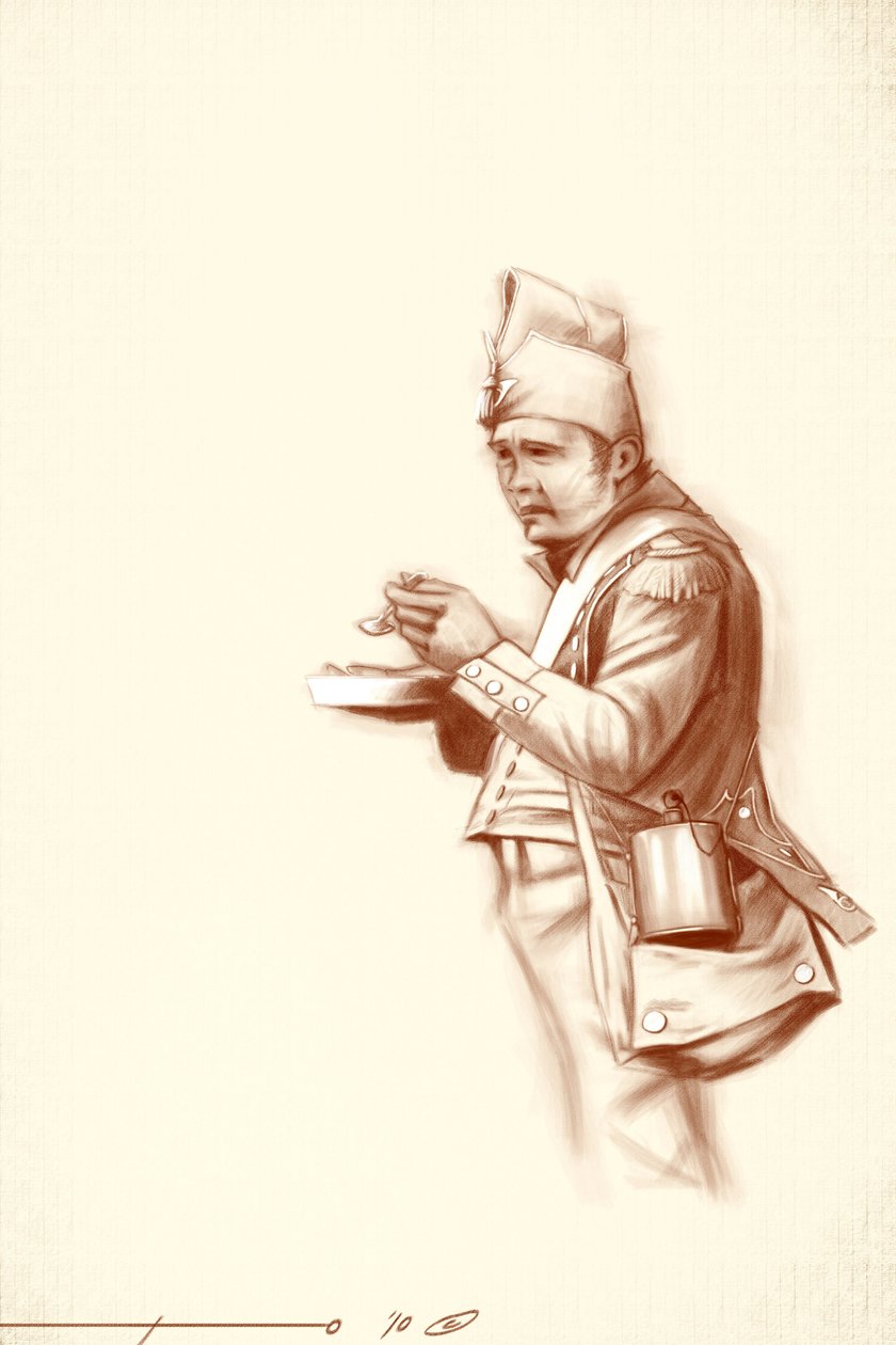 Ensimmäinen valtakunta: kevytjalkaväen sotilas aterian aikana Napoleon I:n kampanjan aikana (luultavasti Venäjällä) 1800-luvun alku. Kuvitus Alesandro Lonati. 2010 作： アレッサンドロ・ロナティ
