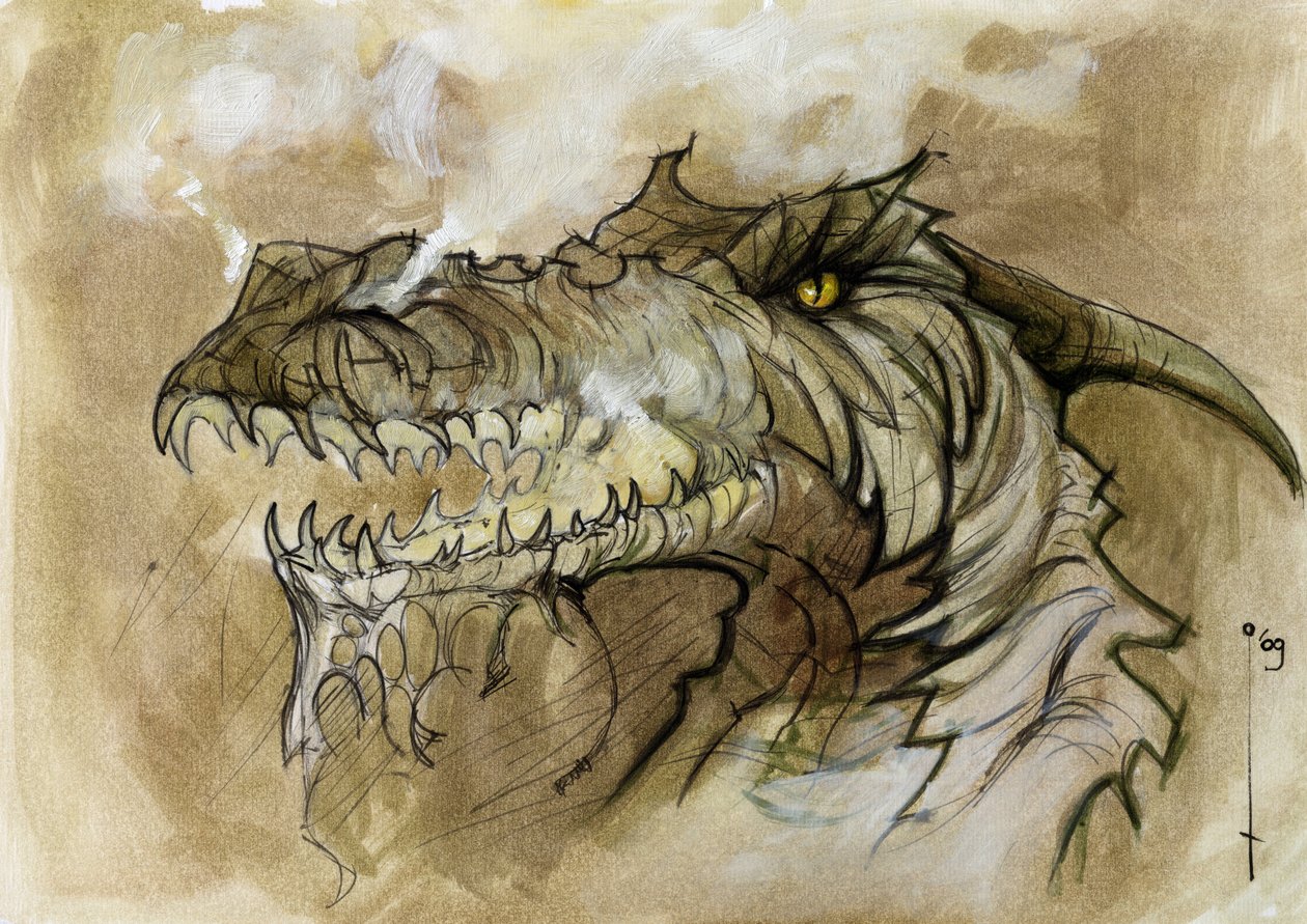 幻想的で伝説的な動物のイラスト: ドラゴン ヘッドが銃口から煙をはじきます。 アレッサンドロ・ロナティによるカラードローイング。 作： アレッサンドロ・ロナティ