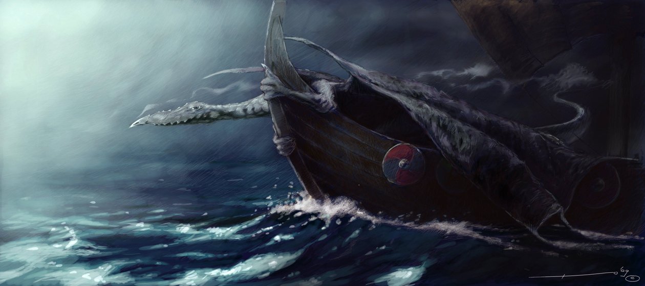 Criatura Lendária: Dragão Atacando um Drakkar (Barco Viking) Desenho de Alessandro Lonati 作： アレッサンドロ・ロナティ