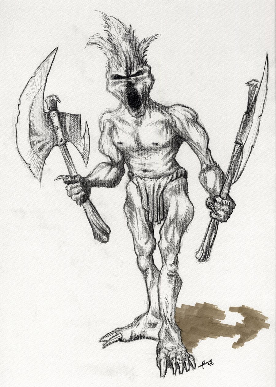 ファンタジー イラストの伝説のモンスター: 斧を持つトロールの戦士。 アレッサンドロ・ロナティの絵 作： アレッサンドロ・ロナティ