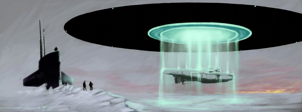 Encontro no pólo Norte entre um submarino U-boot e um disco voador (OVNI, OVNI ou alienígena) para a restituição de um submarino tomado por alienígenas durante a guerra. Desenho de Alessandro Lonati 作： アレッサンドロ・ロナティ