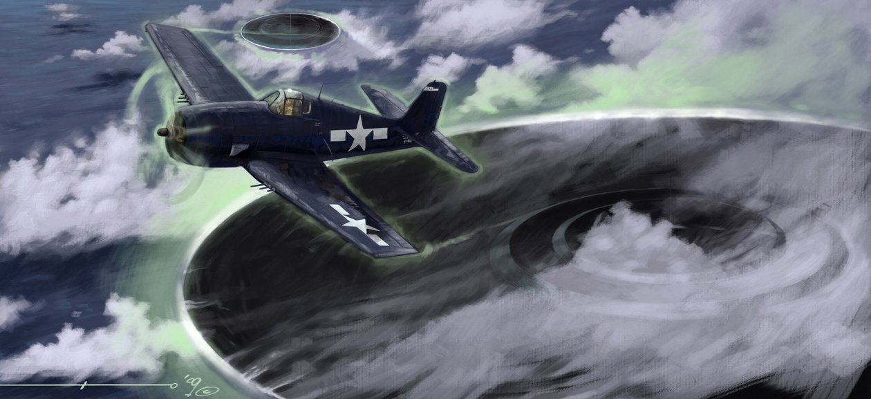 怪奇現象：1940年代のバミューダトライアングルでの米海軍機の失踪を描く。 伝説によると、ここに描かれている UFO (UFO またはエイリアン) の仕業であるとされています。 アレッサンドロ・ロナティの絵 作： アレッサンドロ・ロナティ