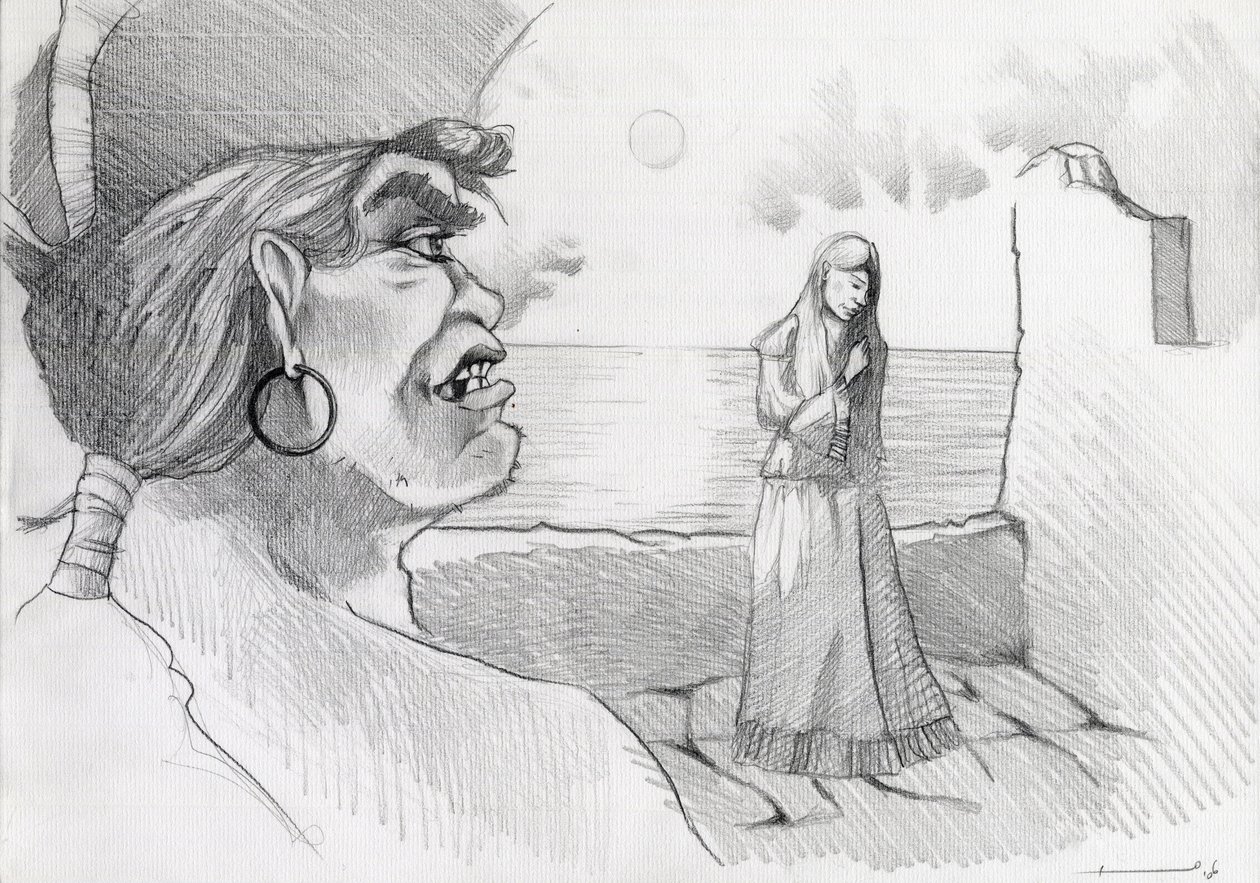 要塞で女性を脅かすカリブ海の海賊 (私掠船)。 アレッサンドロ・ロナティの絵。 作： アレッサンドロ・ロナティ