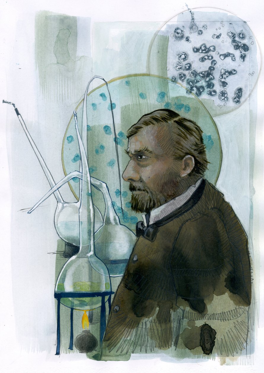 ルイ・パスツール (1822-1895) 科学者フランセの肖像 (ワクチン接種、微生物発酵、低温殺菌の原理の発見で有名なルイ・パスツールフランスの化学者および微生物学者の肖像) イラストレーション: アレッサンドロ・ロナ 作： アレッサンドロ・ロナティ