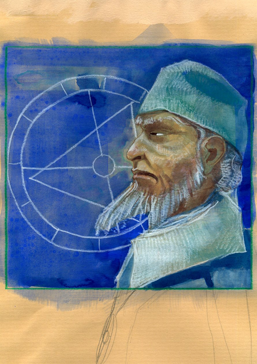 Retrato de Michel de Notre Dame (Nostradamus) astrólogo inglês - Retrato de Nostradamus, Michel de Notre Dame (1503-1566) astrólogo e médico francês Ilustração de Alessandro Lonati 作： アレッサンドロ・ロナティ