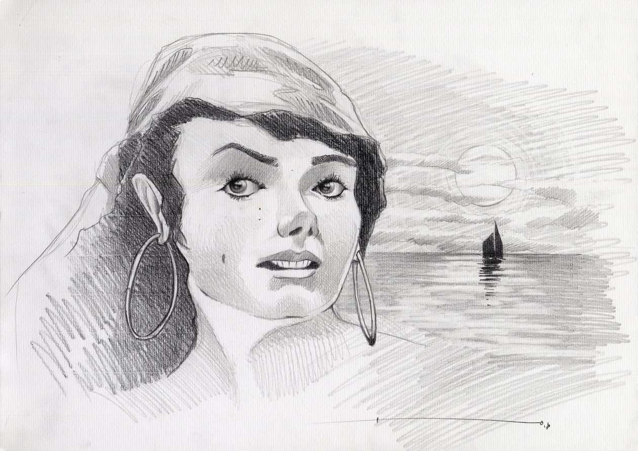 Retrato de uma mulher pirata do Caribe (ou corsário), com o pôr do sol no horizonte. Desenho de Alessandro Lonati. 作： アレッサンドロ・ロナティ