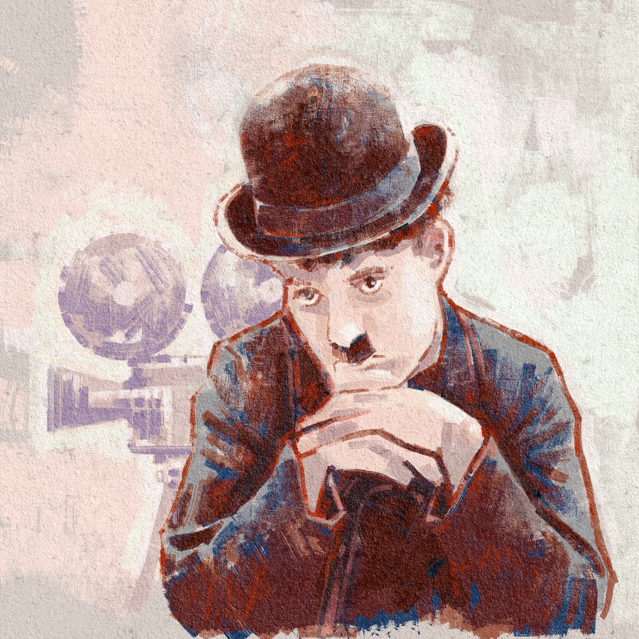 俳優兼監督のチャーリー・チャップリンの肖像 (イラスト) 作： アレッサンドロ・ロナティ